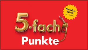 Roter Banner mit goldenem „5-fach Punkte“-Schriftzug und goldener Zapfpistole; gelber Stern zeigt „Member Week 05.–11.10.26“