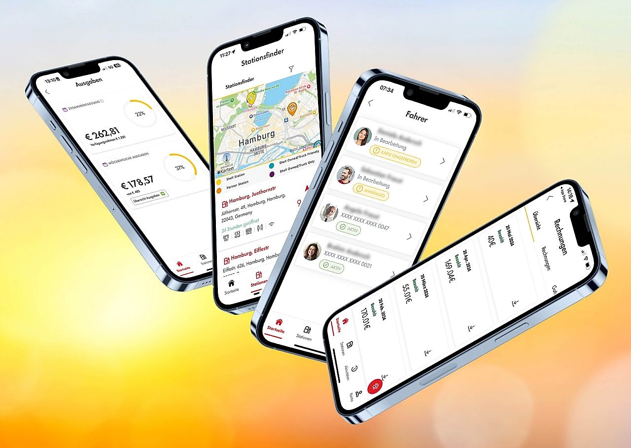 Smartphones mit verschiedenen Ansichten der Shell Fleet App