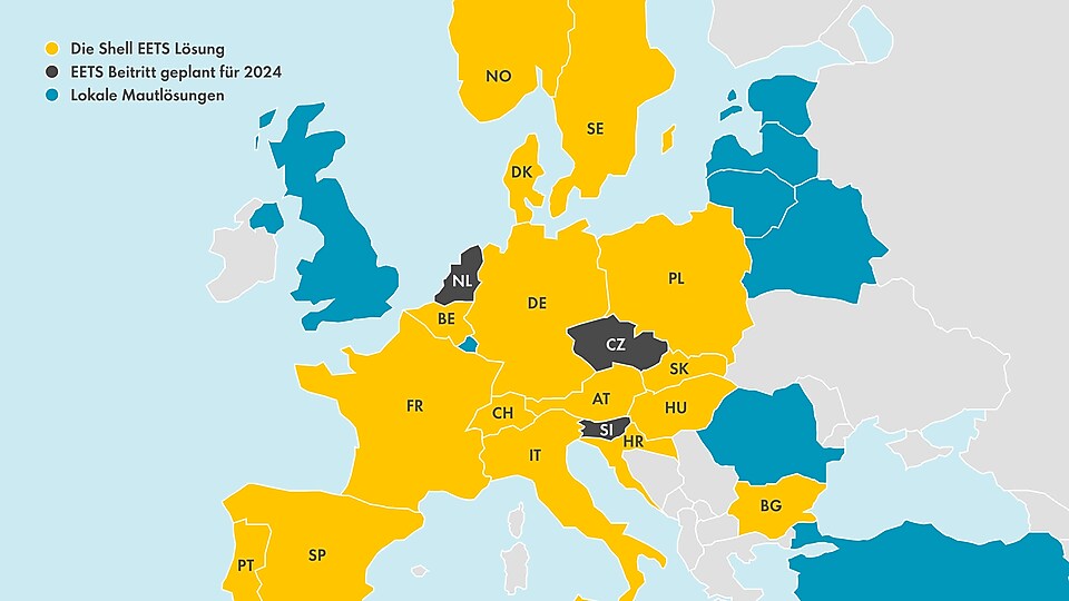 Europakarte mit der aktuellen Shell EETS Abdeckung