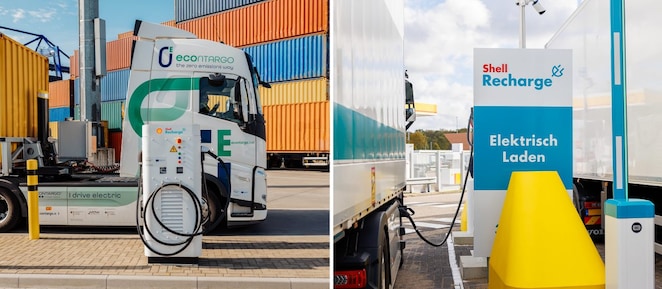 Zwei Lkw, die gerade bei zwei Shell Recharge Ladesäulen laden.