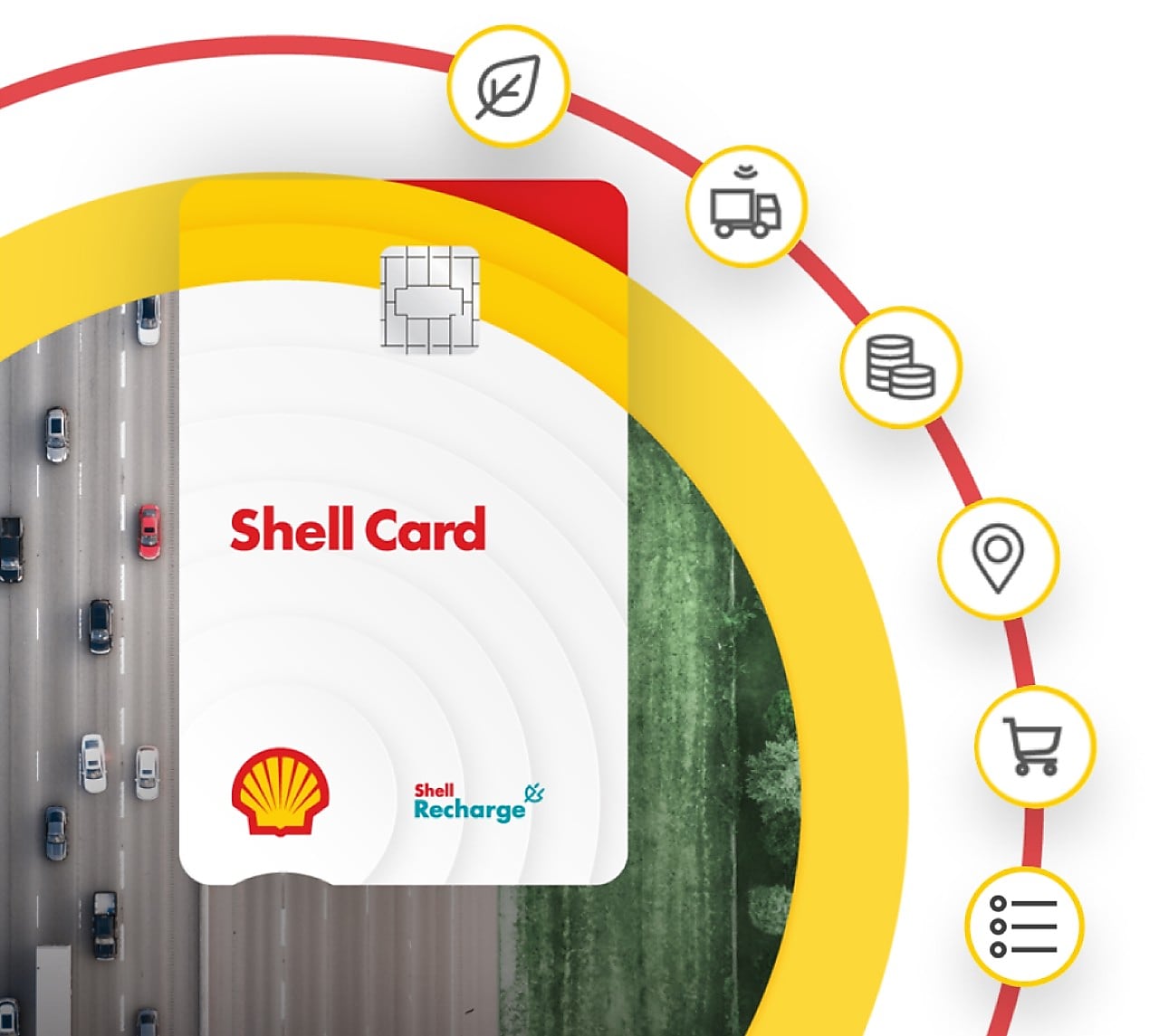 Hybride Shell Card mit sechs Vorteils-Icons. Im Hintergrund eine Draufsicht einer Autobahn mit Verkehr.
