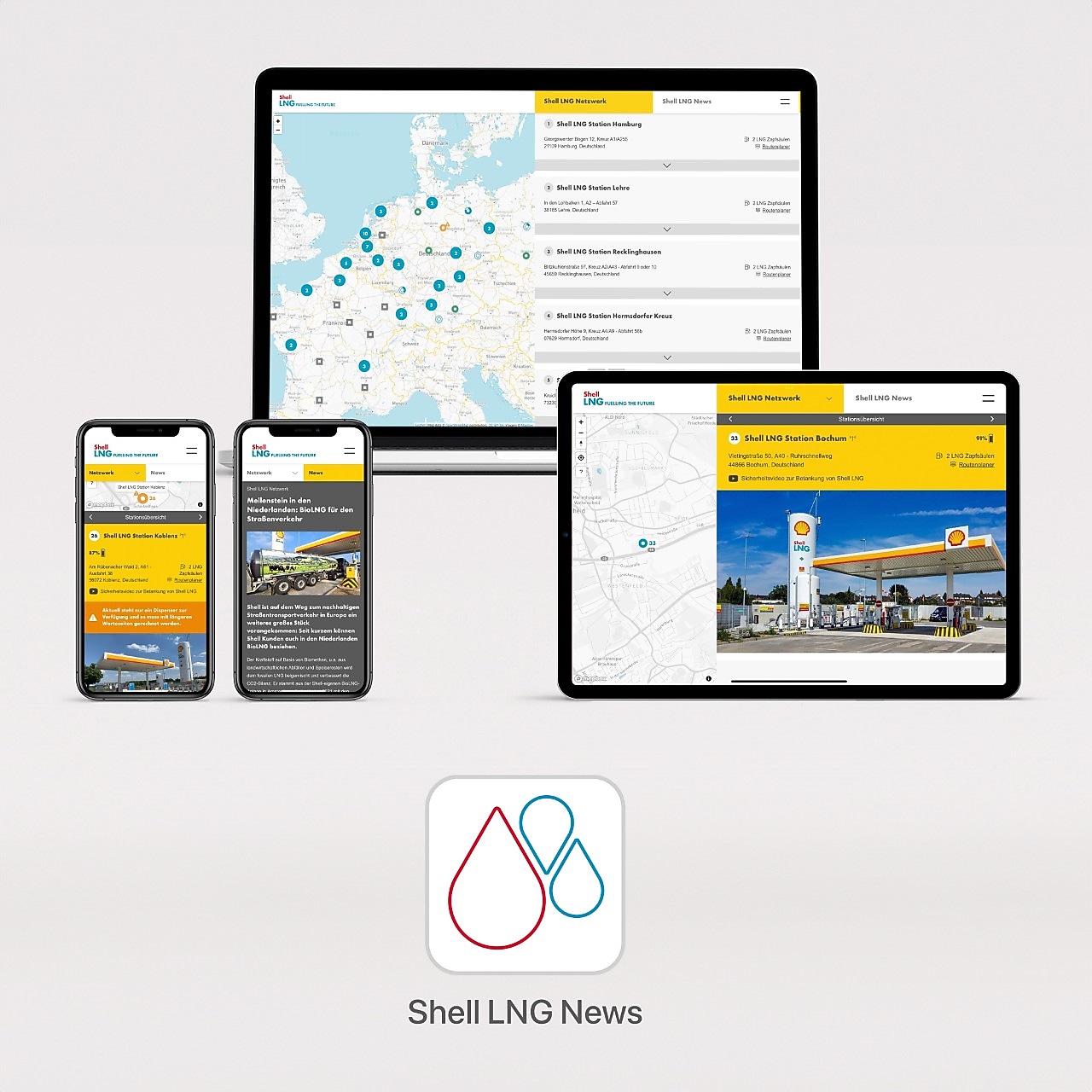 Die LNG News App wird auf mehrere Geräten wie Laptop, Tablet und Smartphone gezeigt. Auch das Logo der App ist zu sehen.