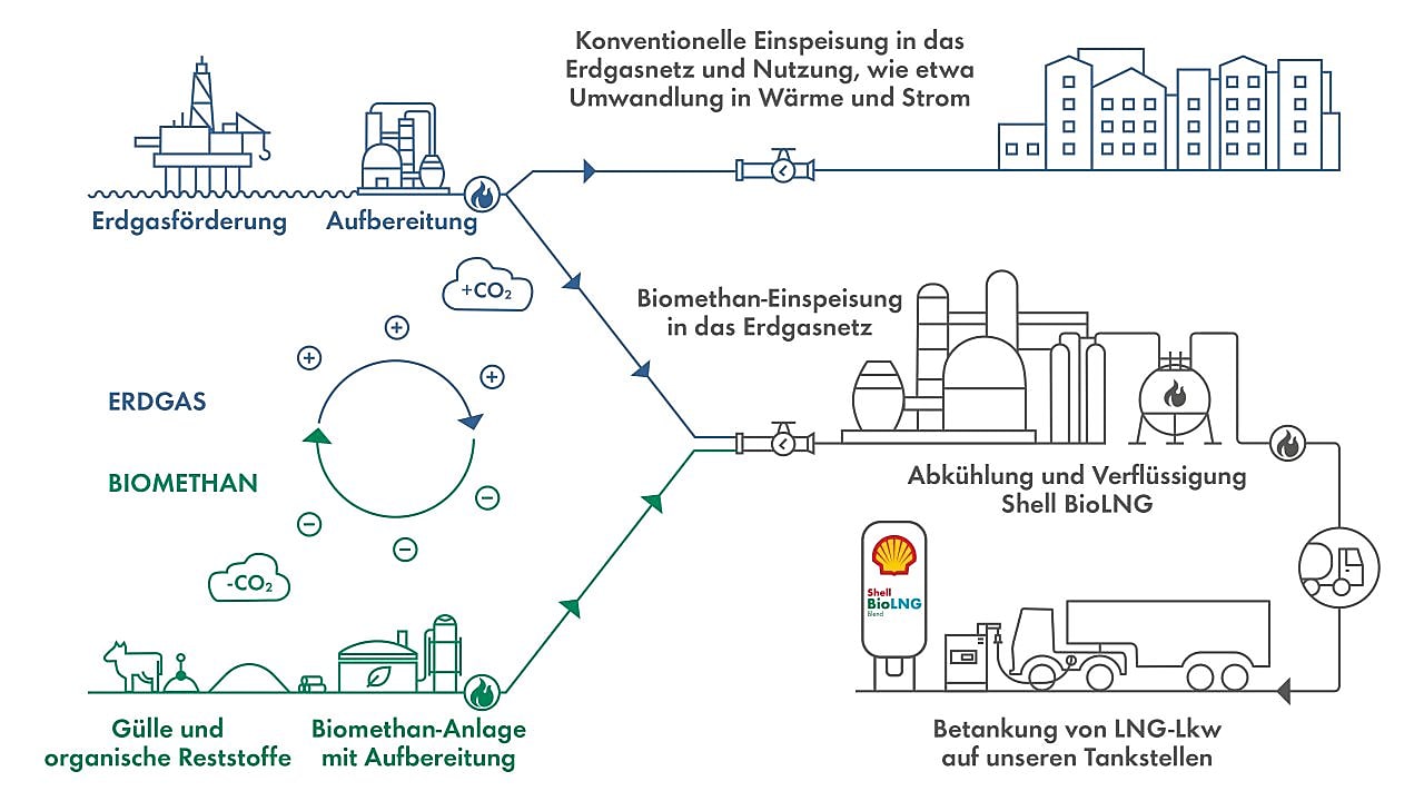 Infografik – Hier wird in einer stilisierten Infografik die Gewinnung/Herstellung von fossilem LNG und der von Shell BioLNG im Vergleich gezeigt.