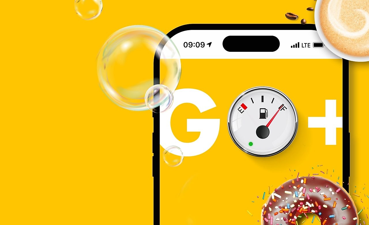 Smartphone-Screen mit großem G und runder Tankanzeige als O und einem + daneben auf gelbem Hintergrund.