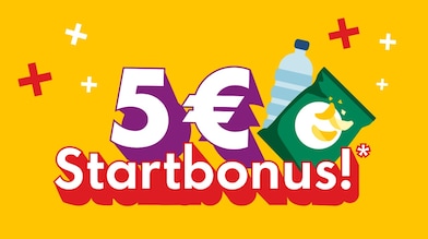 Große Aufschrift „5 € Startbonus!“ auf gelbem Hintergrund, daneben eine stilisierte Wasserflasche und Chipstüte, umgeben von roten und weißen Pluszeichen.