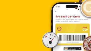 Shell Go+ Karte auf Smartphone auf gelben Hintergrund