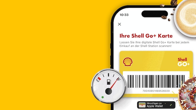 Shell Go+ Karte auf Smartphone auf gelben Hintergrund