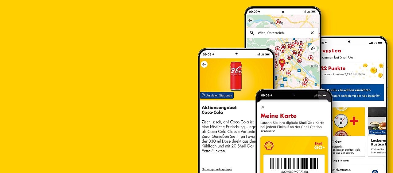 Vier Handys zeigen unterschiedliche Screens der geöffneten Shell App