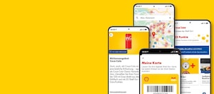 Vier Handys zeigen unterschiedliche Screens der geöffneten Shell App
