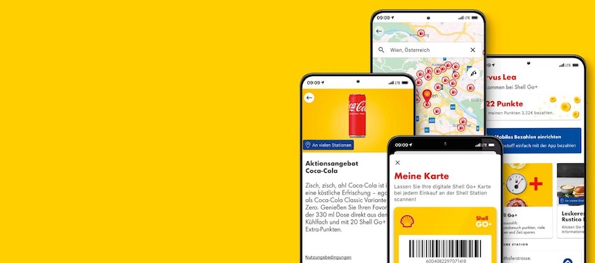 Vier Handys zeigen unterschiedliche Screens der geöffneten Shell App