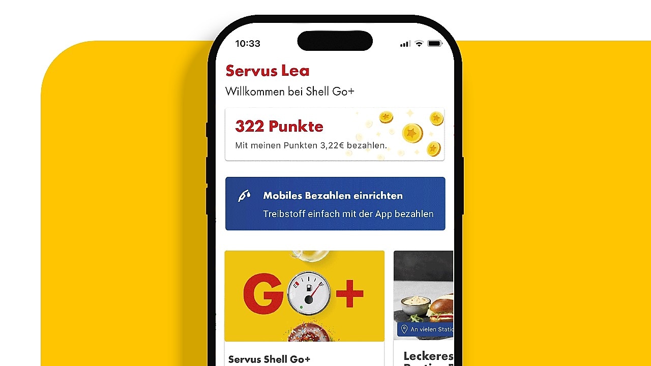 Smartphone mit geöffneter Shell App zeigt die aktuellen Go+ Angebote.