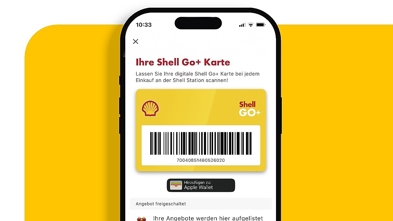 Smartphone mit geöffneter Shell App zeigt digitale Shell Go+ Karte.