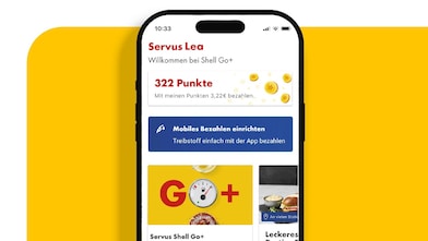 Smartphone mit geöffneter Shell App zeigt die aktuellen Go+ Angebote.