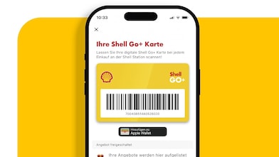 Smartphone mit geöffneter Shell App zeigt digitale Shell Go+ Karte.