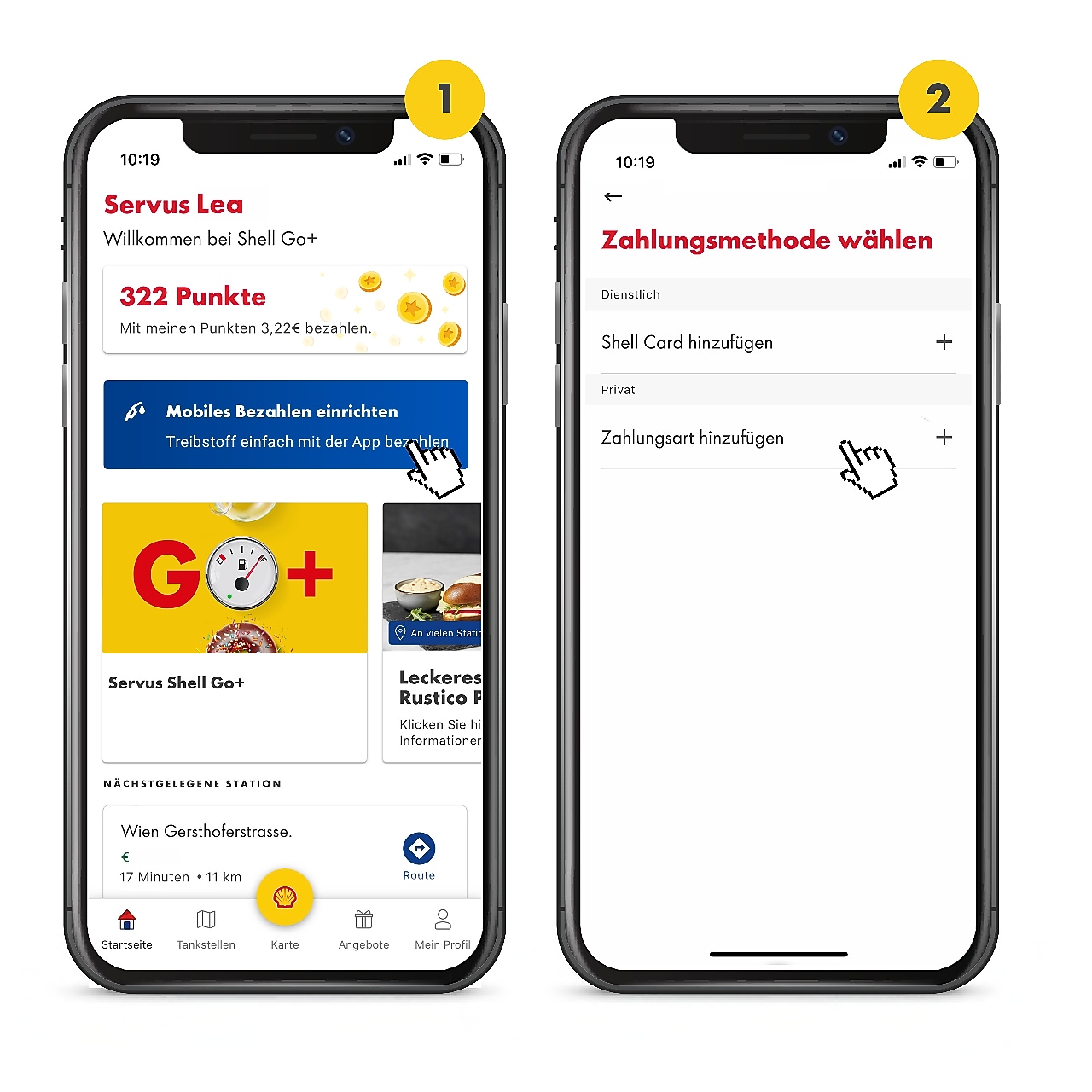 Es sind 2 Handys mit geöffneter Shell App zu sehen. Das 1. ist oben mit einer 1 in einem gelben Kreis gekennzeichnet. Es zeigt den Startscreen der Shell App. Auf dem 2. Handy Screen sieht man wie die Zahlungsmethoden in der Shell App für Shell SmartPay gewählt werden können.