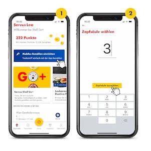 Es sind 2 Handys mit geöffneter Shell App zu sehen. Das 1. ist oben mit einer 1 in einem gelben Kreis gekennzeichnet. Es zeigt den Startscreen der Shell App. Eine Hand tippt auf den blauen Button „Shell SmartPay“. Das zweite Handy ist mit einer 2 in einem gelben Kreis gekennzeichnet. Auf dem 2. Handy Screen sieht man wie die Zapfsäule gewählt drei gewählt wird.