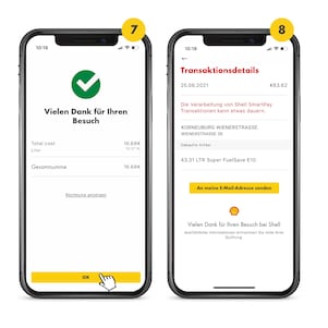 Auf dem letzten Bild sind die beiden Handys mit den Nummern 7 und 8 gekennzeichnet. Das Handy mit der Nr. 7 zeigt, die Transaktionsbestätigung in der App. Der Screen des Handys mit der Nr. 8 informiert den Shell SmartPay Nutzer, wo er seine Transaktionsdetails / Rechnung einsehen kann.