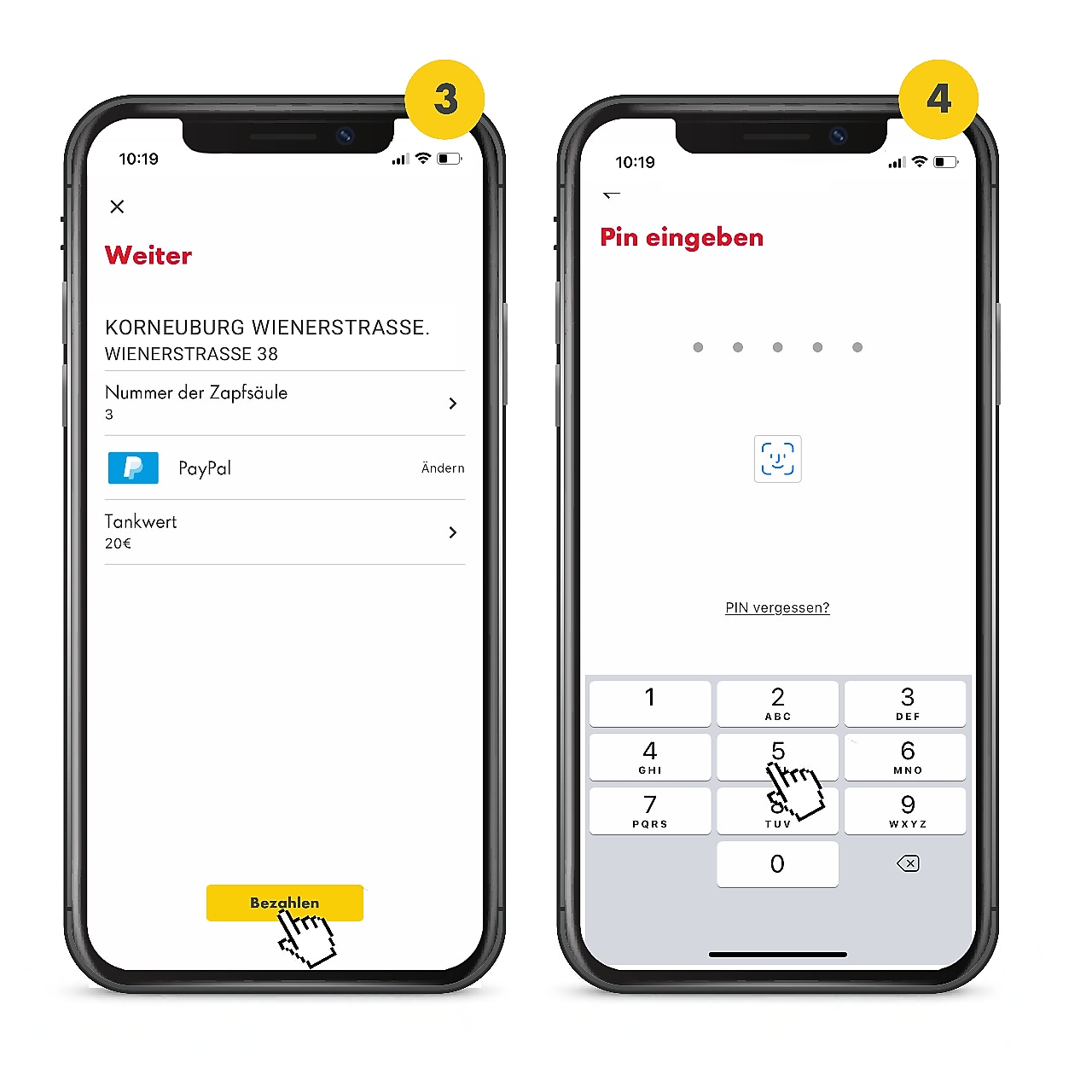 Es sind 2 Handys mit geöffneter Shell App zu sehen. Sie tragen oben die Nummern 3 und 4. Auf dem Screen mit der Nr. 3. sieht man einen stilisierten Finger auf bezahlen klickt. Auf dem Screen mit der Nr. 4 wird gezeigt, wie der persönliche PIN eingegeben wird.