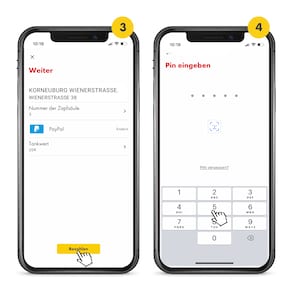 Es sind 2 Handys mit geöffneter Shell App zu sehen. Sie tragen oben die Nummern 3 und 4. Auf dem Screen mit der Nr. 3. sieht man einen stilisierten Finger auf bezahlen klickt. Auf dem Screen mit der Nr. 4 wird gezeigt, wie der persönliche PIN eingegeben wird.