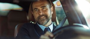 Im Auto sitzender Mann der lächelnd in den Rückspiegel schaut.