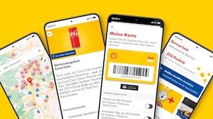 Vier geöffnete Handyscreens zeigen Vorteile der Shell App: Shell Go+ Treueprogramm, Shell SmartPay, intelligenter Tankstellenfinder, Aktuelle Angebote