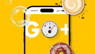 Smartphone-Screen mit großem G und runder Tankanzeige als O und einem + daneben auf gelbem Hintergrund.