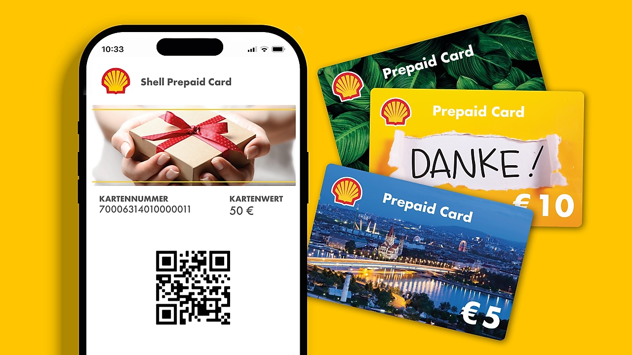 Smartphone mit digitaler Shell Prepaid Card und Shell Prepaid Karten mit unterschiedlichen Designs und Ladebeträgen auf gelbem Hintergrund