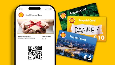 Smartphone mit digitaler Shell Prepaid Card und Shell Prepaid Karten mit unterschiedlichen Designs und Ladebeträgen auf gelbem Hintergrund