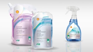 Abbildung der Shell Car Care Produkte Sommer- und Winterklarsicht Scheibenreiniger sowie dem Shell Eisblocker Spray