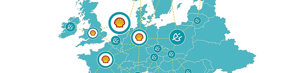 Bild einer Europa-Karte mit Shell und Shell Recharge Icons