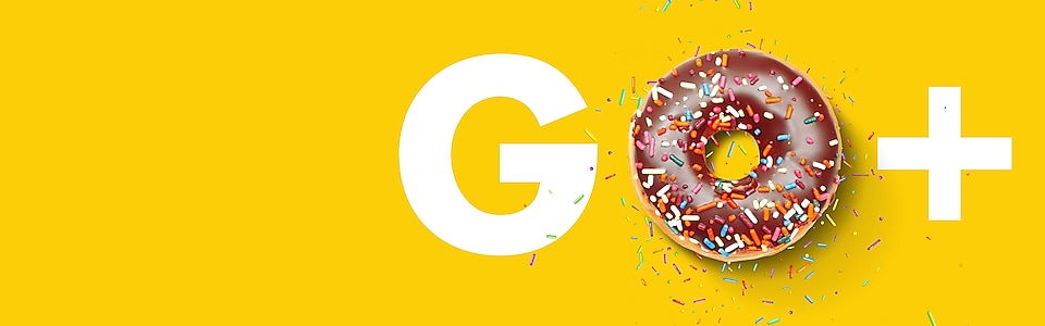 Großes G mit Donut als O und einem + daneben auf gelbem Hintergrund