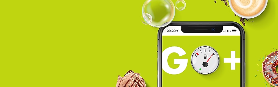 Shell Go+ Schriftzug auf Smartphone auf grünem Hintergrund
