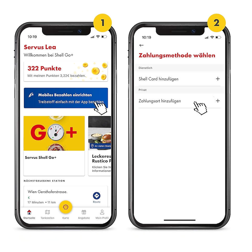 Es sind 2 Handys mit geöffneter Shell App zu sehen. Das 1. ist oben mit einer 1 in einem gelben Kreis gekennzeichnet. Es zeigt den Startscreen der Shell App. Auf dem 2. Handy Screen sieht man wie die Zahlungsmethoden in der Shell App für Shell SmartPay gewählt werden können.