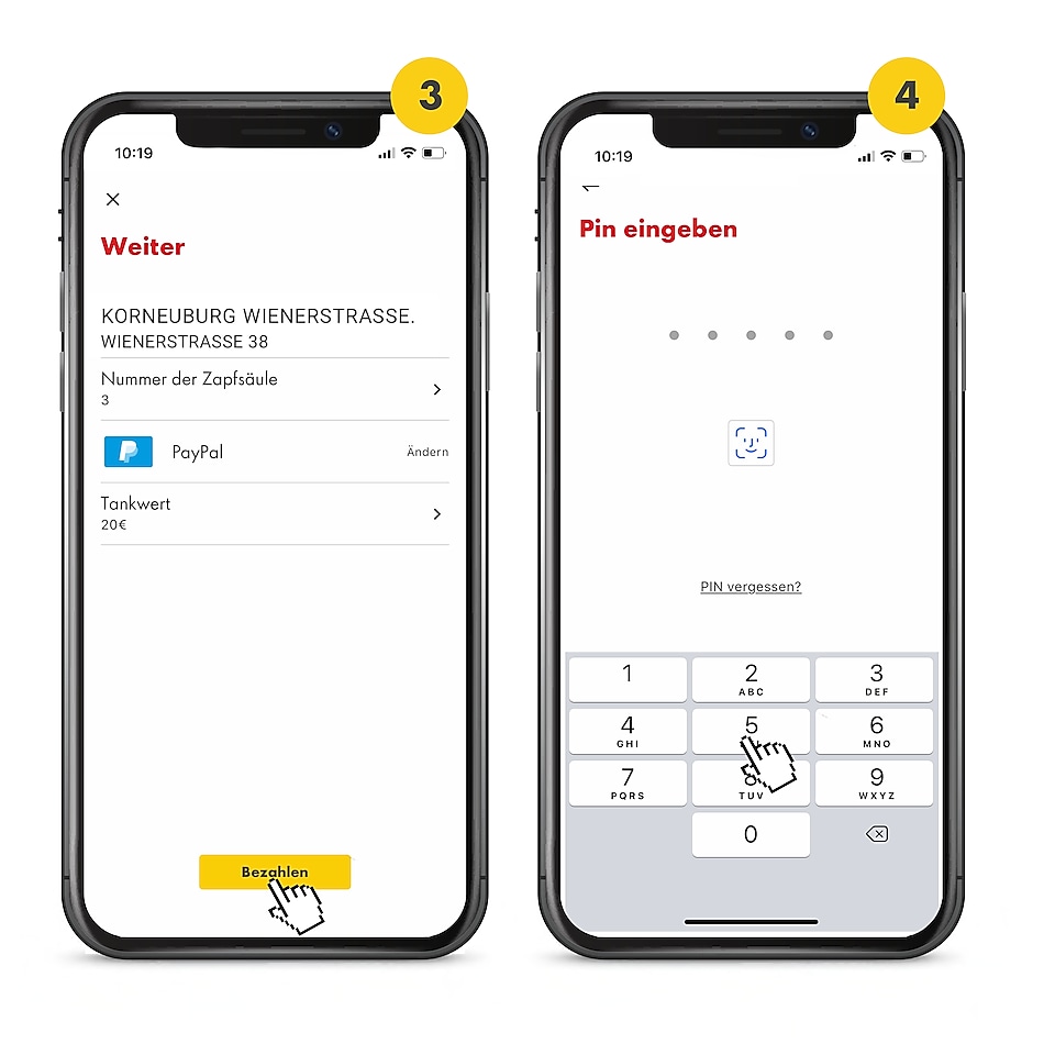 Es sind 2 Handys mit geöffneter Shell App zu sehen. Sie tragen oben die Nummern 3 und 4. Auf dem Screen mit der Nr. 3. sieht man einen stilisierten Finger auf bezahlen klickt.  Auf dem Screen mit der Nr. 4 wird gezeigt, wie der persönliche PIN eingegeben wird.​
