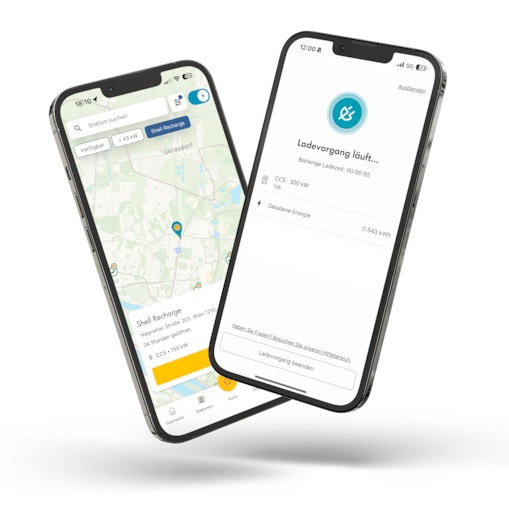 Zwei Smartphones mit der Shell App zur Suche von E-Ladestationen und zur Anzeige eines aktiven Ladevorgangs.​