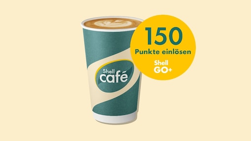Shell Café mug on a beige background with a yellow sticker and the following message: Redeem 150 points