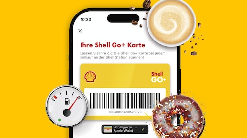 Shell Go+ Karte auf Smartphone auf gelben Hintergrund